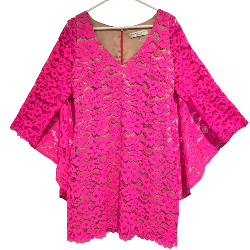 Trina Turk Iliana Hot Pink Lace Dress Size 12 Batwing Sleeve Wedding Guest - Picture 3 of 9